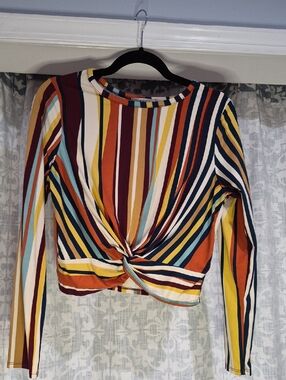 Striped Twist-Front Long Sleeve Crop Top - Multicolor